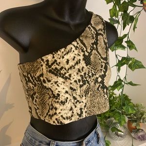 Faux snake skin print one shoulder crop top